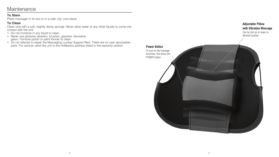 Maintenance | HoMedics Massaging Lumbar Support Rest LUV-100 User Manual | Page 3 / 6