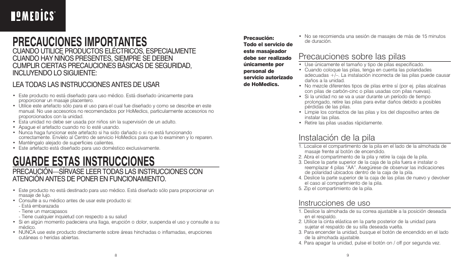 Precauciones importantes, Guarde estas instrucciones, Precauciones sobre las pilas | Instalación de la pila, Instrucciones de uso | HoMedics Massaging Lumbar Support Rest LUV-100 User Manual | Page 5 / 6