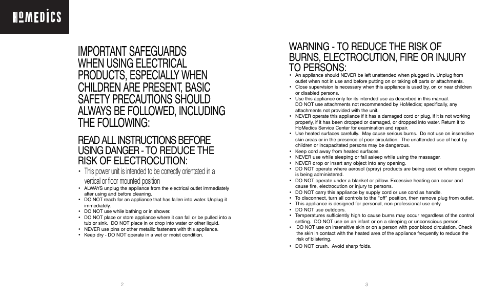 Important safeguards | HoMedics Back Charger VC-100 User Manual | Page 2 / 8