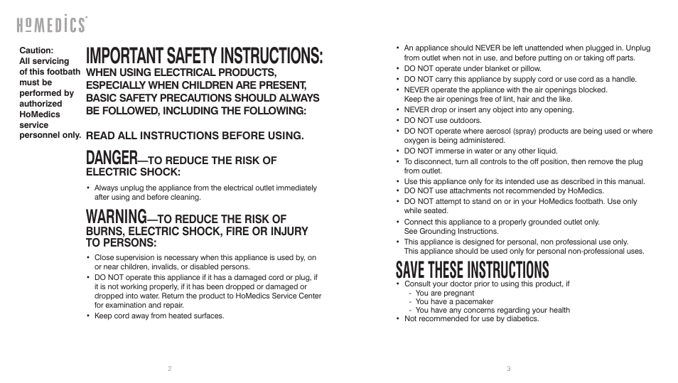 Save these instructions, Important safety instructions, Danger | Warning | HoMedics BubbleBliss FB-30 User Manual | Page 2 / 8