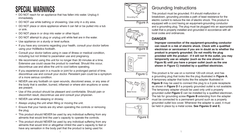 Special warnings, Grounding instructions, Danger | HoMedics BubbleBliss FB-30 User Manual | Page 3 / 8
