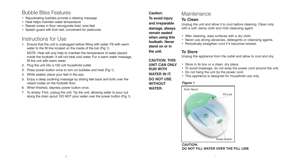 Bubble bliss features, Instructions for use, Maintenance | HoMedics BubbleBliss FB-30 User Manual | Page 4 / 8