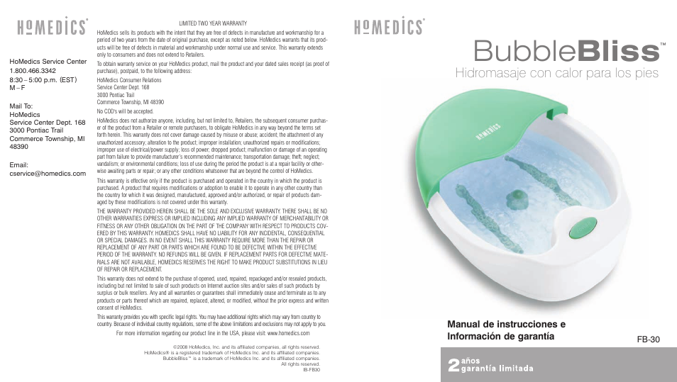 Bubble bliss, Hidromasaje con calor para los pies, Manual de instrucciones e información de garantía | HoMedics BubbleBliss FB-30 User Manual | Page 5 / 8