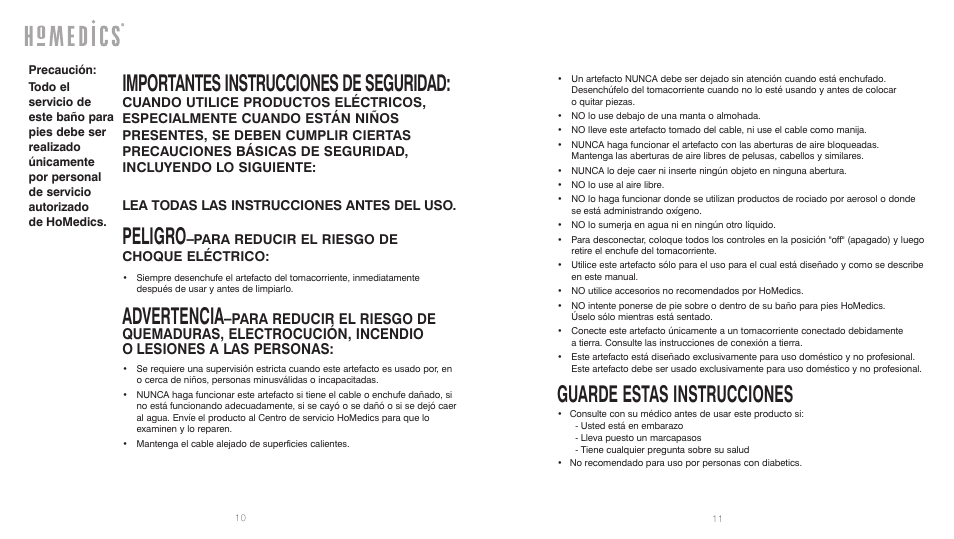 Importantes instrucciones de seguridad, Peligro, Advertencia | Guarde estas instrucciones | HoMedics BubbleBliss FB-30 User Manual | Page 6 / 8