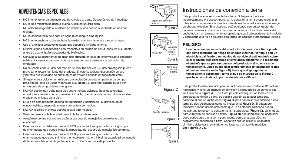 Advertencias especiales, Instrucciones de conexión a tierra, Peligro | HoMedics BubbleBliss FB-30 User Manual | Page 7 / 8
