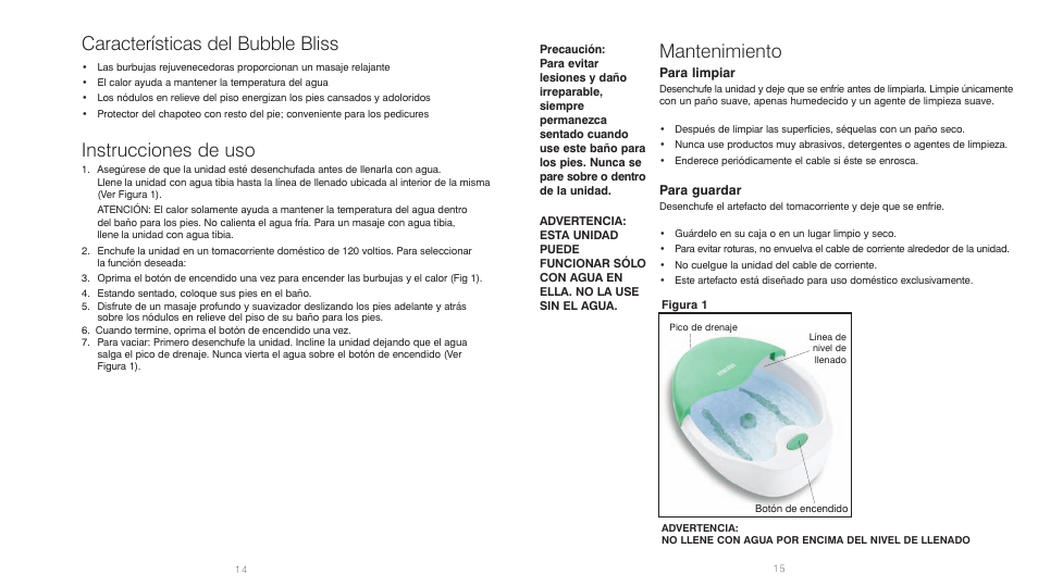 Características del bubble bliss, Instrucciones de uso, Mantenimiento | HoMedics BubbleBliss FB-30 User Manual | Page 8 / 8