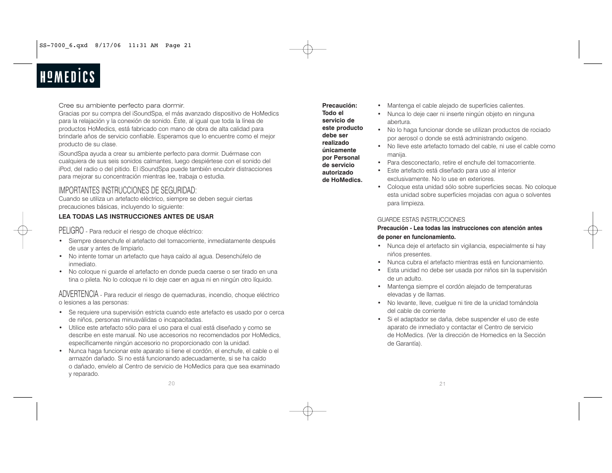 Importantes instrucciones de seguridad, Peligro, Advertencia | HoMedics SoundSpa SS-7000 User Manual | Page 11 / 18
