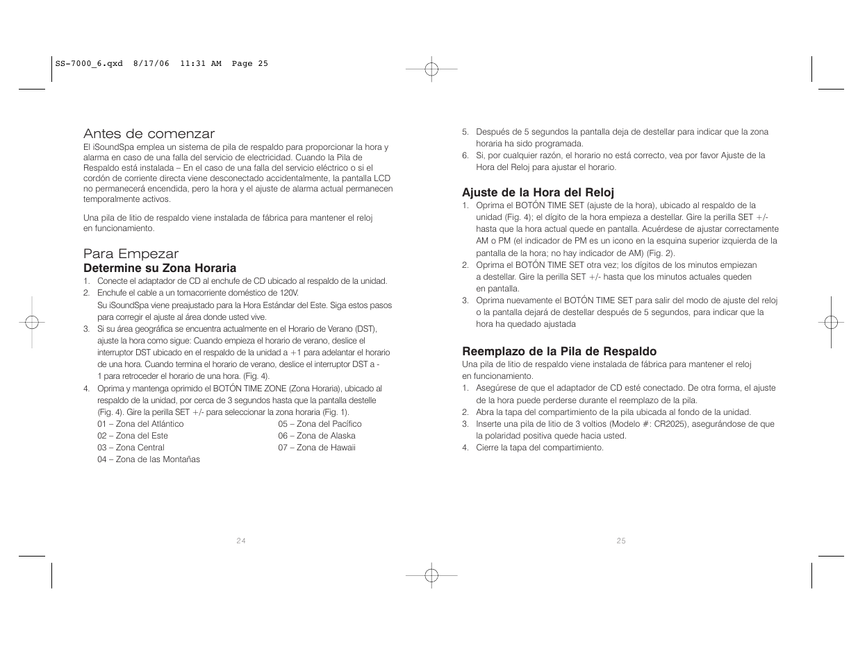 Antes de comenzar, Para empezar, Ajuste de la hora del reloj | Reemplazo de la pila de respaldo, Determine su zona horaria | HoMedics SoundSpa SS-7000 User Manual | Page 13 / 18