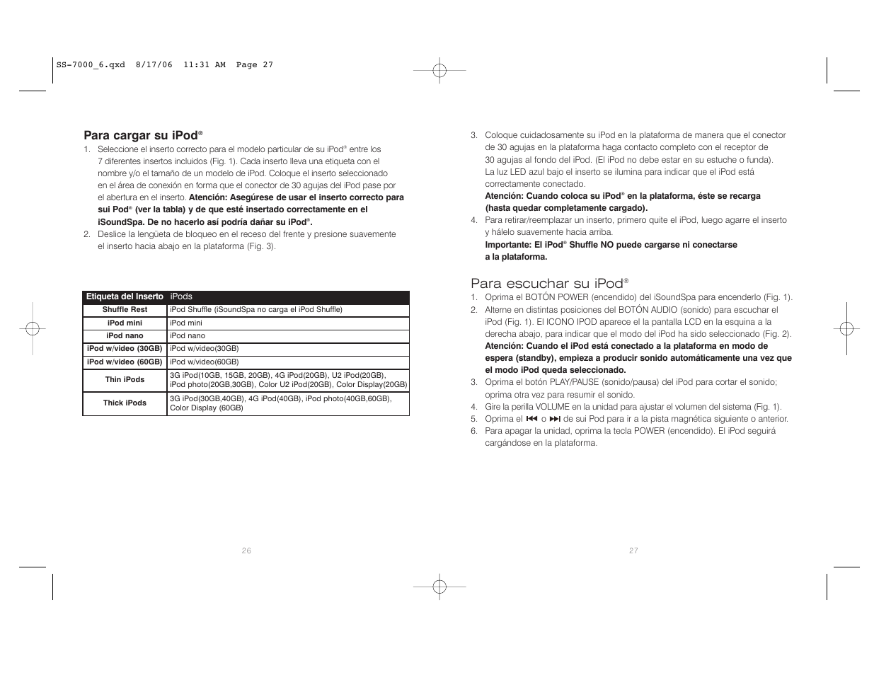 Para escuchar su ipod, Para cargar su ipod | HoMedics SoundSpa SS-7000 User Manual | Page 14 / 18
