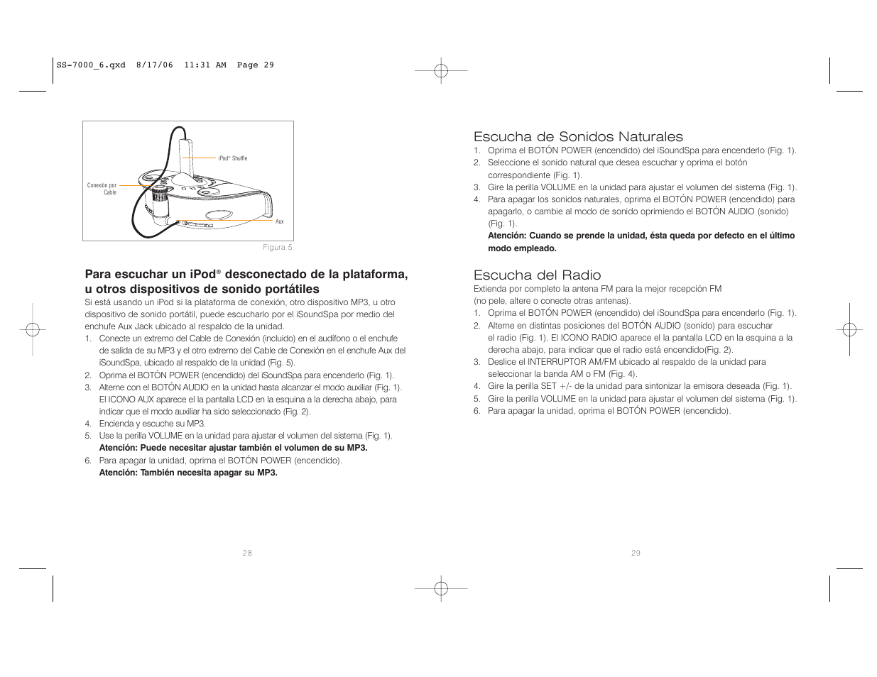 Escucha de sonidos naturales, Escucha del radio, Para escuchar un ipod | HoMedics SoundSpa SS-7000 User Manual | Page 15 / 18