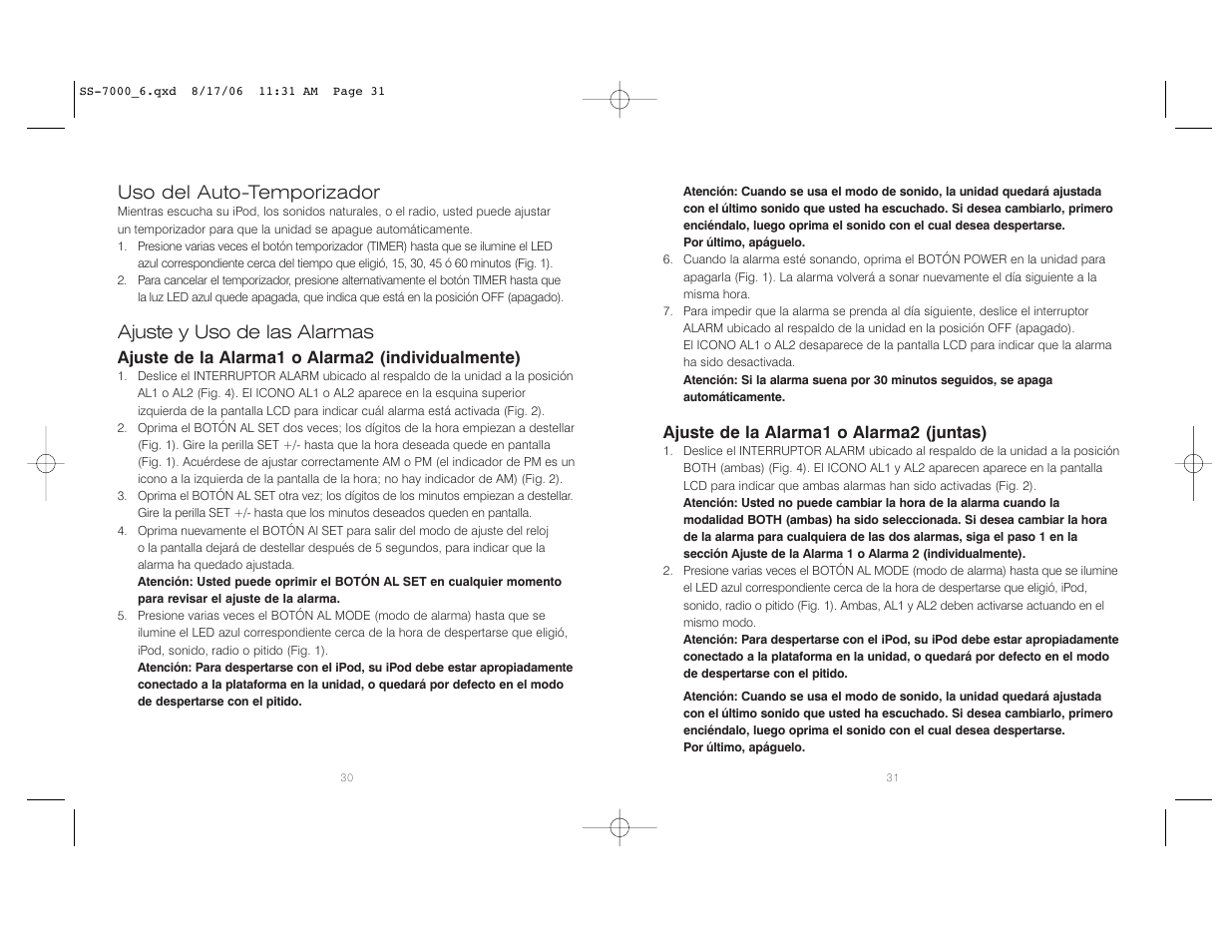 Uso del auto-temporizador, Ajuste y uso de las alarmas, Ajuste de la alarma1 o alarma2 (individualmente) | Ajuste de la alarma1 o alarma2 (juntas) | HoMedics SoundSpa SS-7000 User Manual | Page 16 / 18