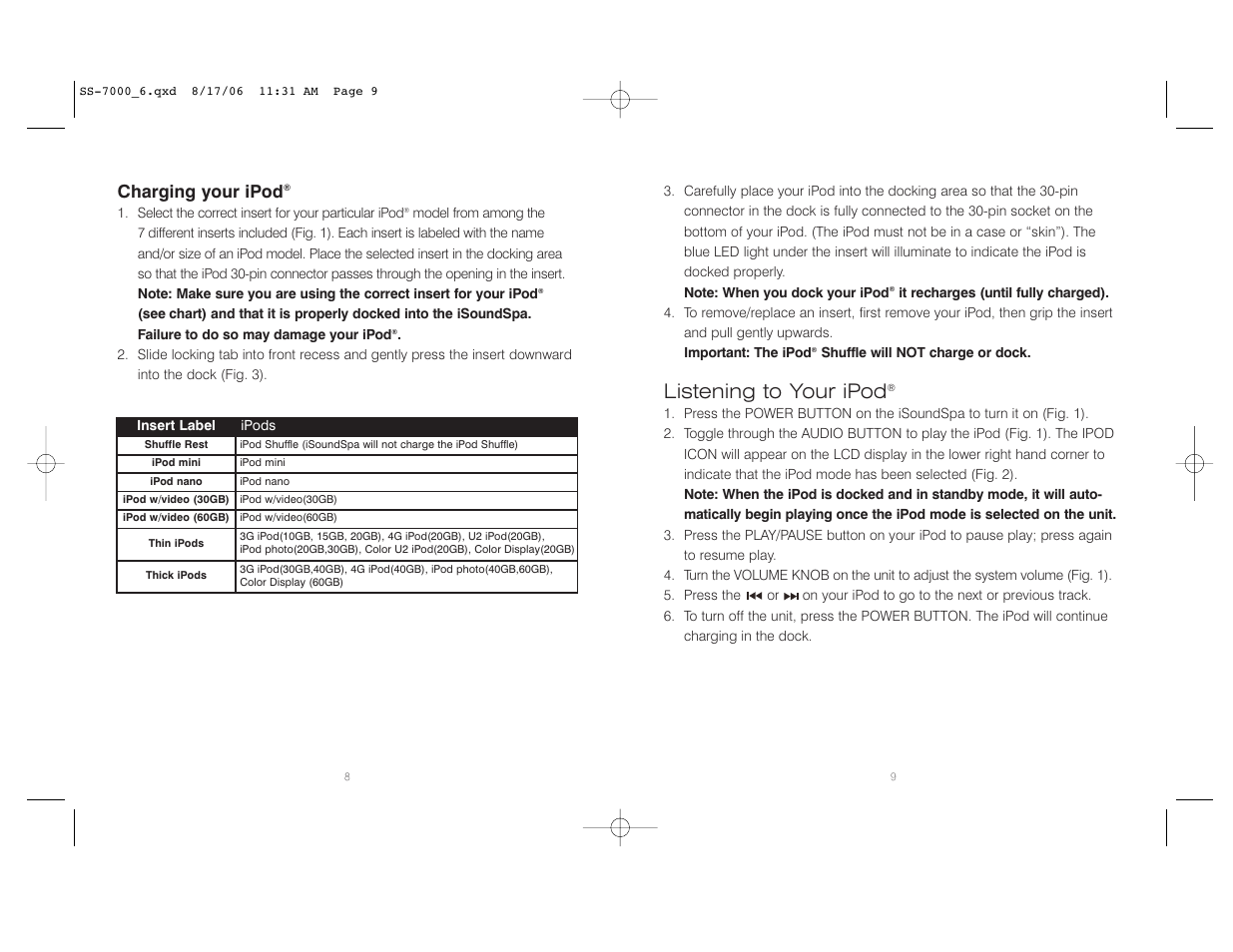 Listening to your ipod, Charging your ipod | HoMedics SoundSpa SS-7000 User Manual | Page 5 / 18