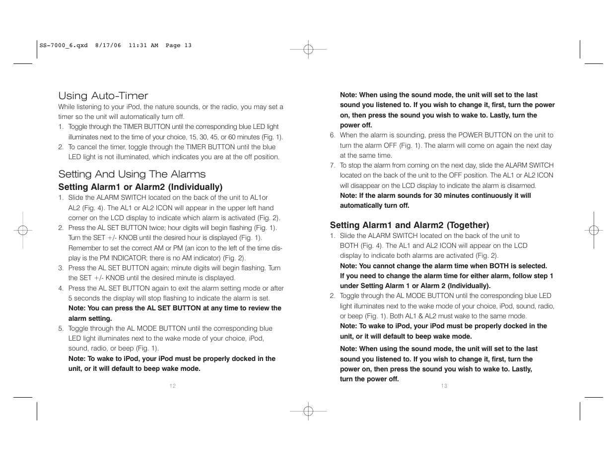 Using auto-timer, Setting and using the alarms | HoMedics SoundSpa SS-7000 User Manual | Page 7 / 18