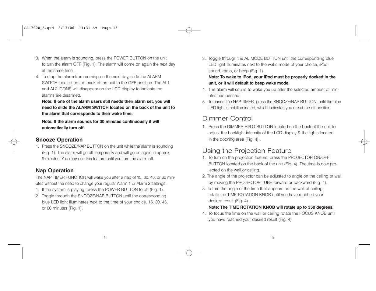 Dimmer control, Using the projection feature | HoMedics SoundSpa SS-7000 User Manual | Page 8 / 18