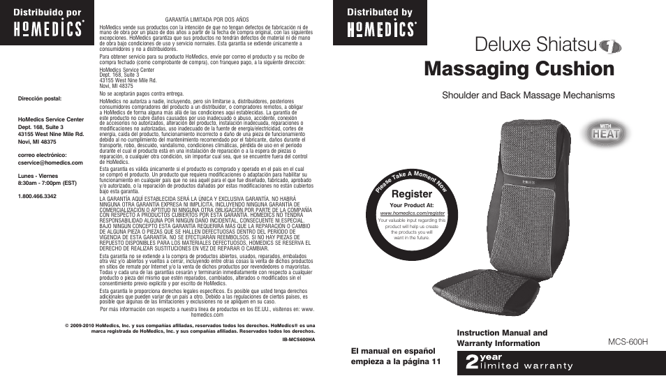 HoMedics Deluxe Shiatsu Massaging Cushion MCS-600H User Manual | 10 pages