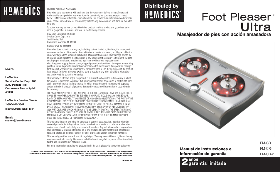 Uullttrra a, Foot pleaser, Masajeador de pies con acción amasadora | Distributed by | HoMedics Foot Pleaser FM-CR-2 User Manual | Page 5 / 8