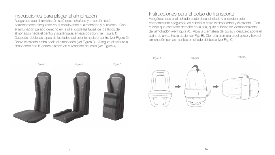 Instrucciones para plegar el almohadón, Instrucciones para el bolso de transporte | HoMedics Shiatsu and Vibration Massaging Cussion MCS300HW User Manual | Page 11 / 12
