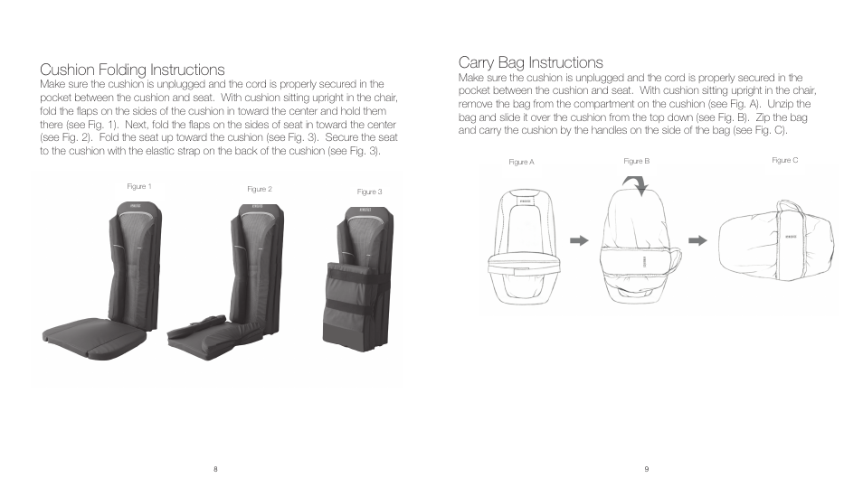 Carry bag instructions, Cushion folding instructions | HoMedics Shiatsu and Vibration Massaging Cussion MCS300HW User Manual | Page 5 / 12