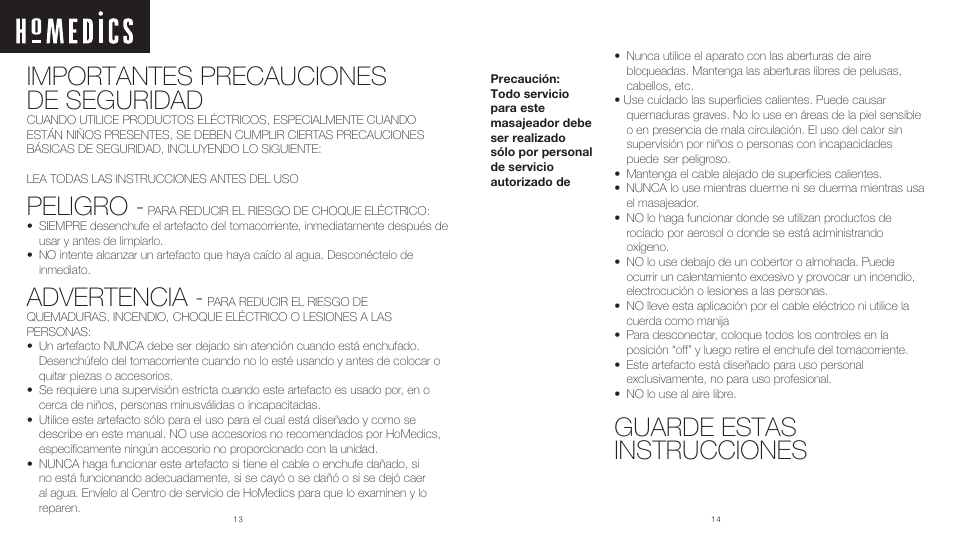 Importantes precauciones de seguridad, Peligro, Advertencia | Guarde estas instrucciones | HoMedics Shiatsu and Vibration Massaging Cussion MCS300HW User Manual | Page 8 / 12