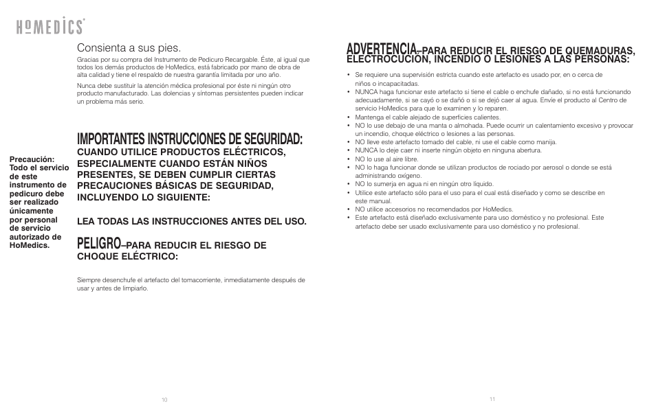 Importantes instrucciones de seguridad, Peligro, Advertencia | Consienta a sus pies | HoMedics PED-200 User Manual | Page 6 / 8