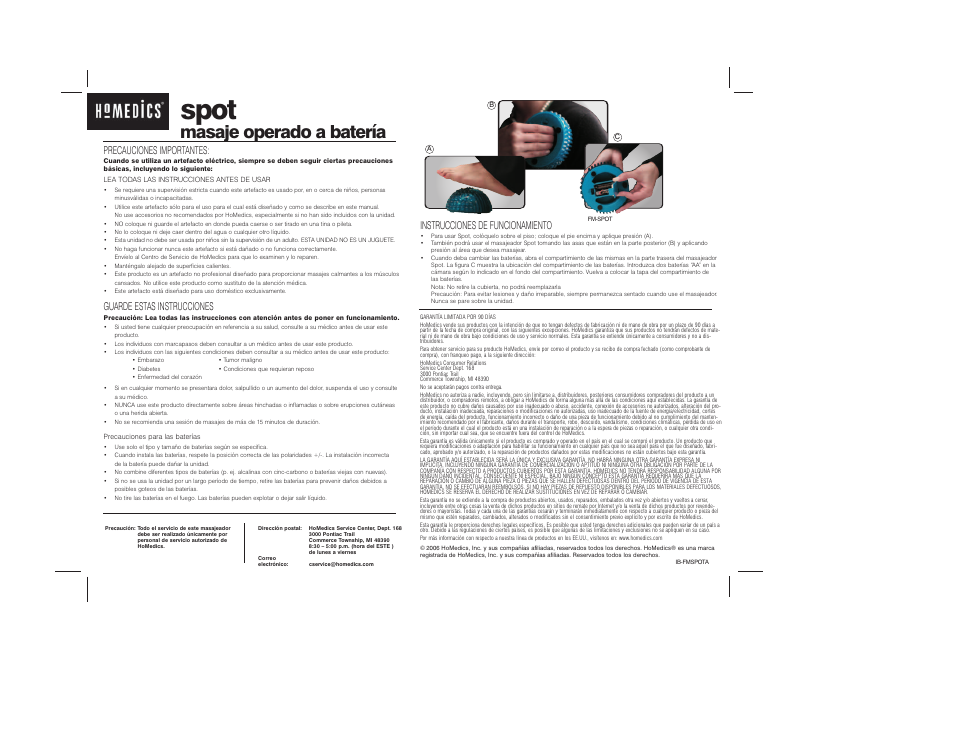 Spot, Masaje operado a batería, Precauciones importantes | Guarde estas instrucciones, Instrucciones de funcionamiento | HoMedics battery operated massager User Manual | Page 2 / 2