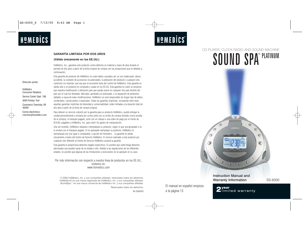 HoMedics SoundSpa Platinum SS-6000 User Manual | 16 pages