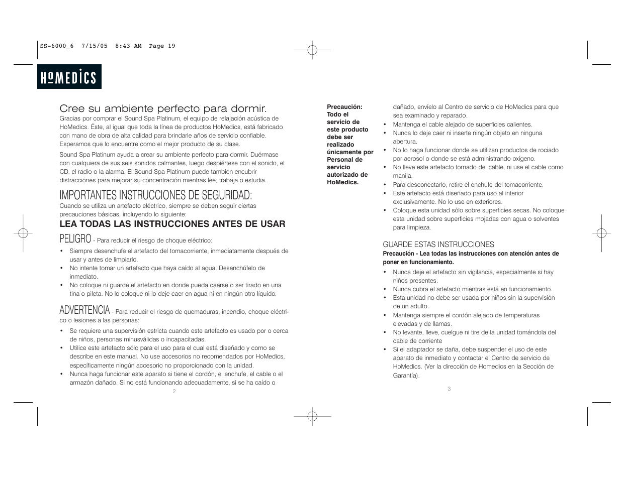 Importantes instrucciones de seguridad, Peligro, Advertencia | Cree su ambiente perfecto para dormir | HoMedics SoundSpa Platinum SS-6000 User Manual | Page 10 / 16