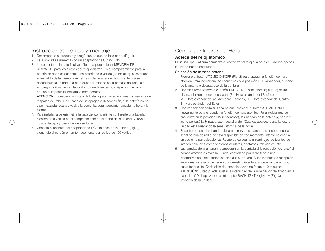 Cómo configurar la hora, Instrucciones de uso y montaje | HoMedics SoundSpa Platinum SS-6000 User Manual | Page 12 / 16