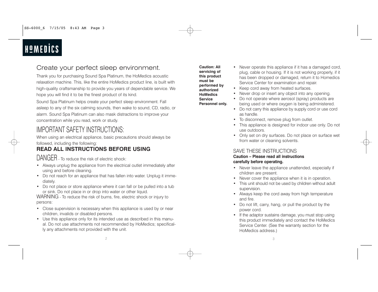 Important safety instructions, Danger, Create your perfect sleep environment | HoMedics SoundSpa Platinum SS-6000 User Manual | Page 2 / 16