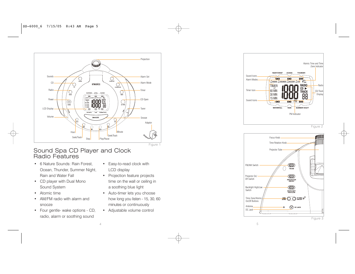 Sound spa cd player and clock radio features | HoMedics SoundSpa Platinum SS-6000 User Manual | Page 3 / 16