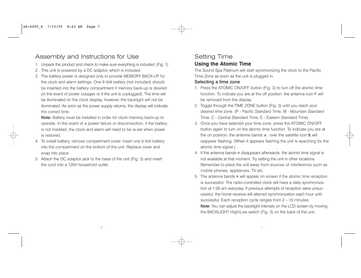 Setting time, Assembly and instructions for use | HoMedics SoundSpa Platinum SS-6000 User Manual | Page 4 / 16