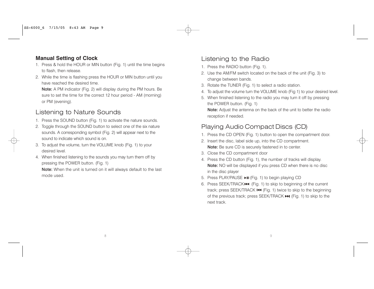 Listening to nature sounds, Listening to the radio, Playing audio compact discs (cd) | HoMedics SoundSpa Platinum SS-6000 User Manual | Page 5 / 16