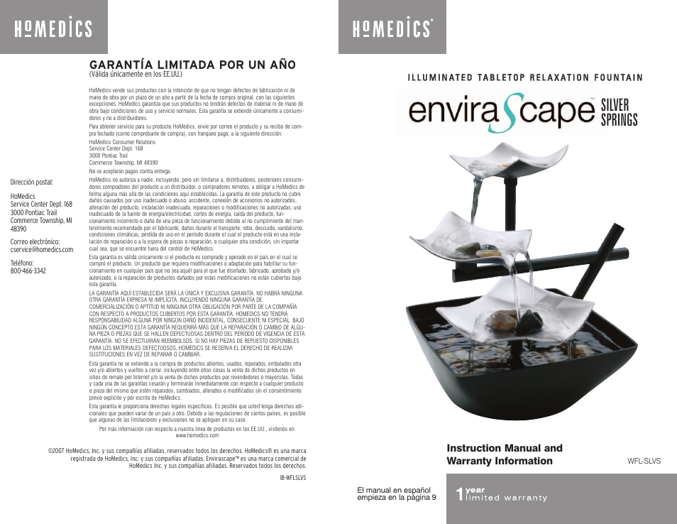 HoMedics EnviraScape WFL-SLVS User Manual | 8 pages