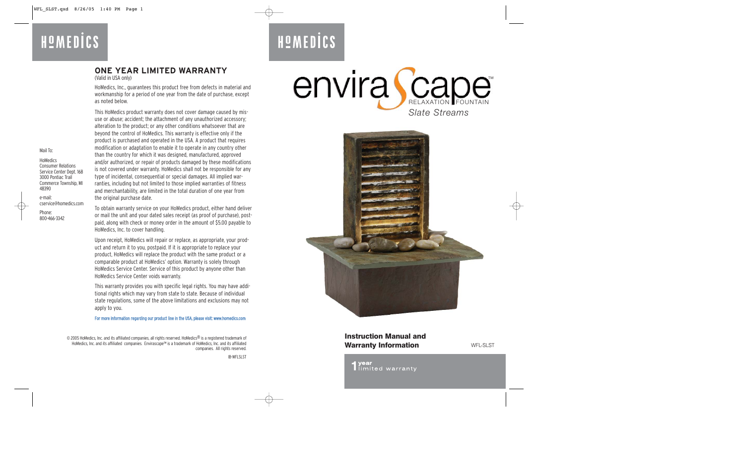 HoMedics ENVIRASCAPE WFL-SLST User Manual | 4 pages