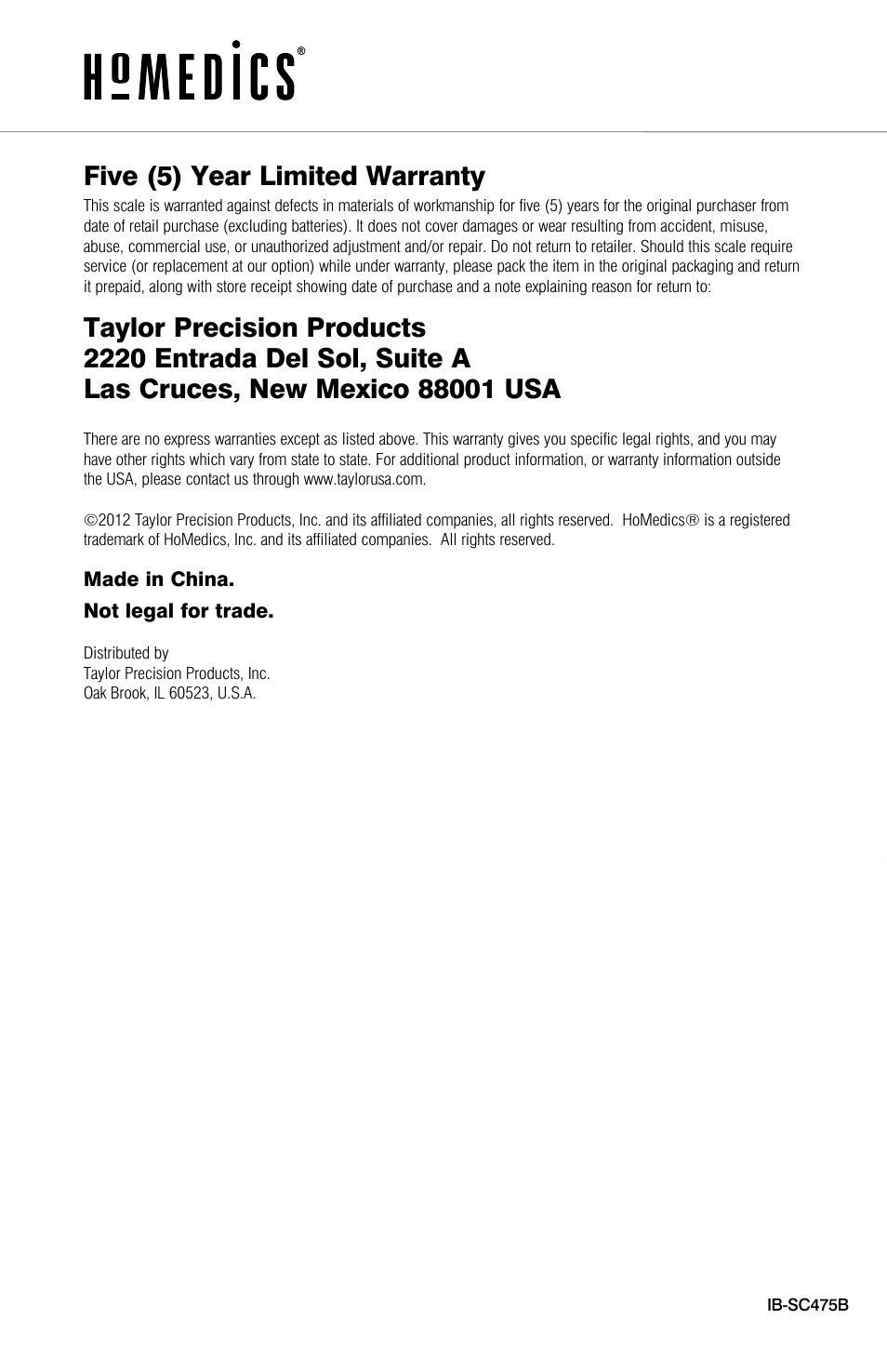 Five (5) year limited warranty | HoMedics DIGITAL SCALE IB-SC475 User Manual | Page 7 / 12