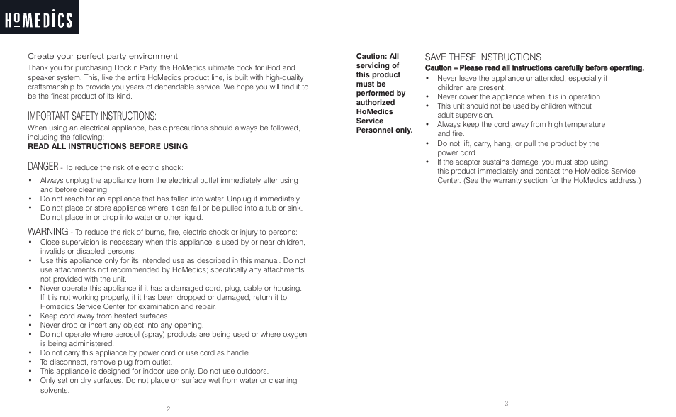 Important safety instructions, Danger, Warning | Save these instructions | HoMedics DocknParty DP-300 User Manual | Page 2 / 12