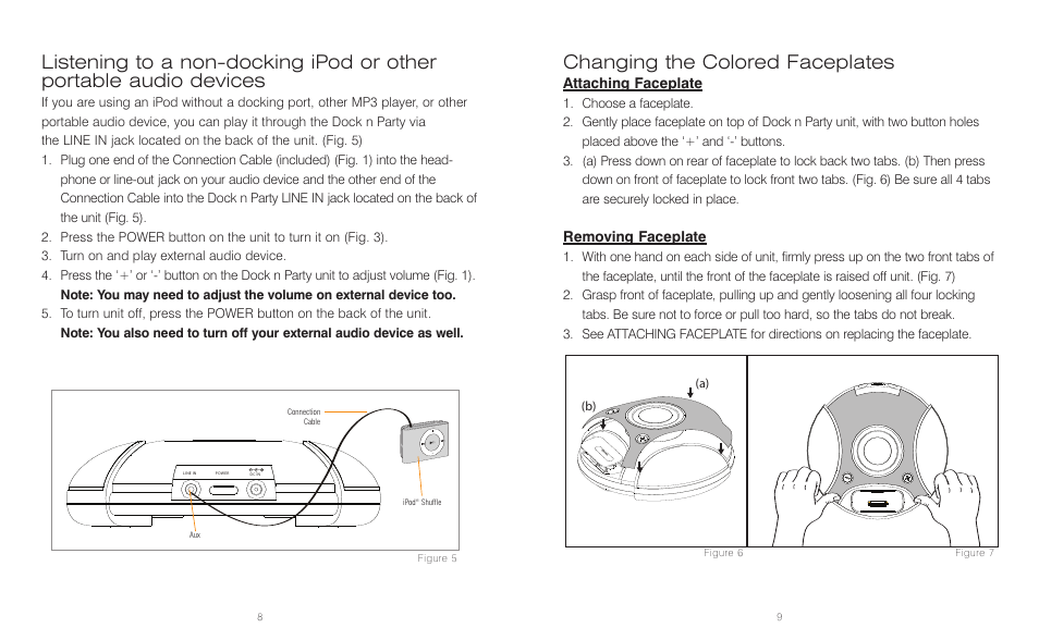 Changing the colored faceplates, Attaching faceplate, Removing faceplate | HoMedics DocknParty DP-300 User Manual | Page 5 / 12