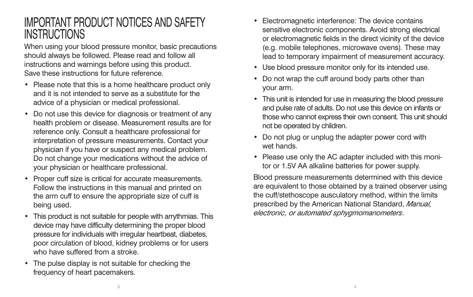 Important product notices and safety instructions | HoMedics BPA-110 User Manual | Page 3 / 30