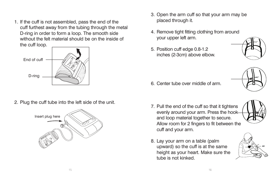 D-ring end of cuff, Insert plug here | HoMedics BPA-110 User Manual | Page 9 / 30