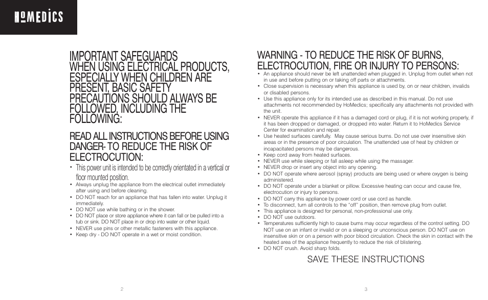 Important safeguards, Save these instructions | HoMedics BKP-300-2 User Manual | Page 2 / 8