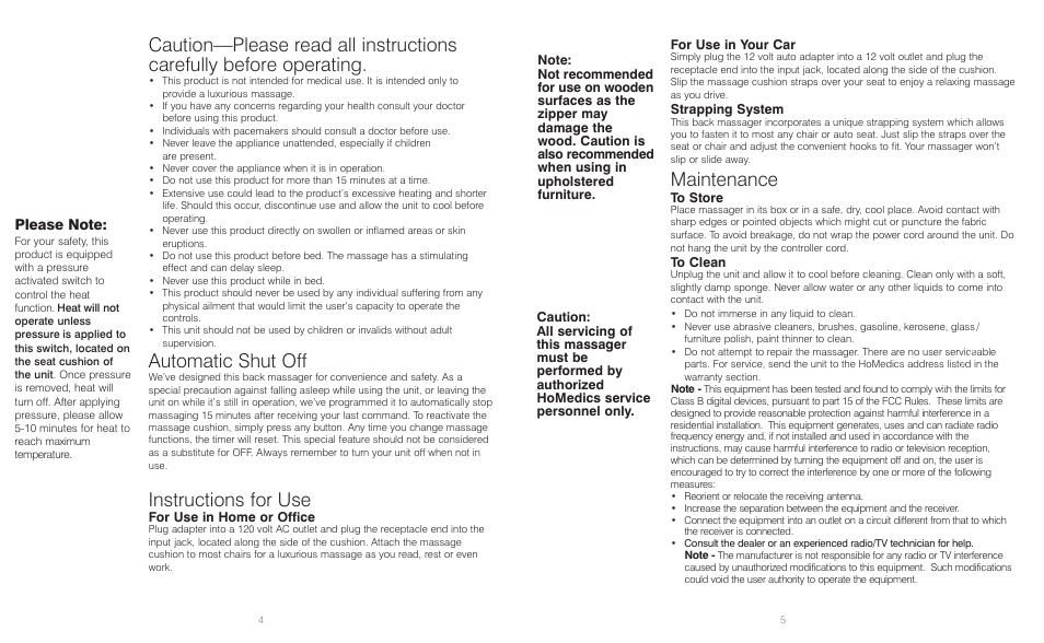 Automatic shut off, Instructions for use, Maintenance | HoMedics BKP-300-2 User Manual | Page 3 / 8