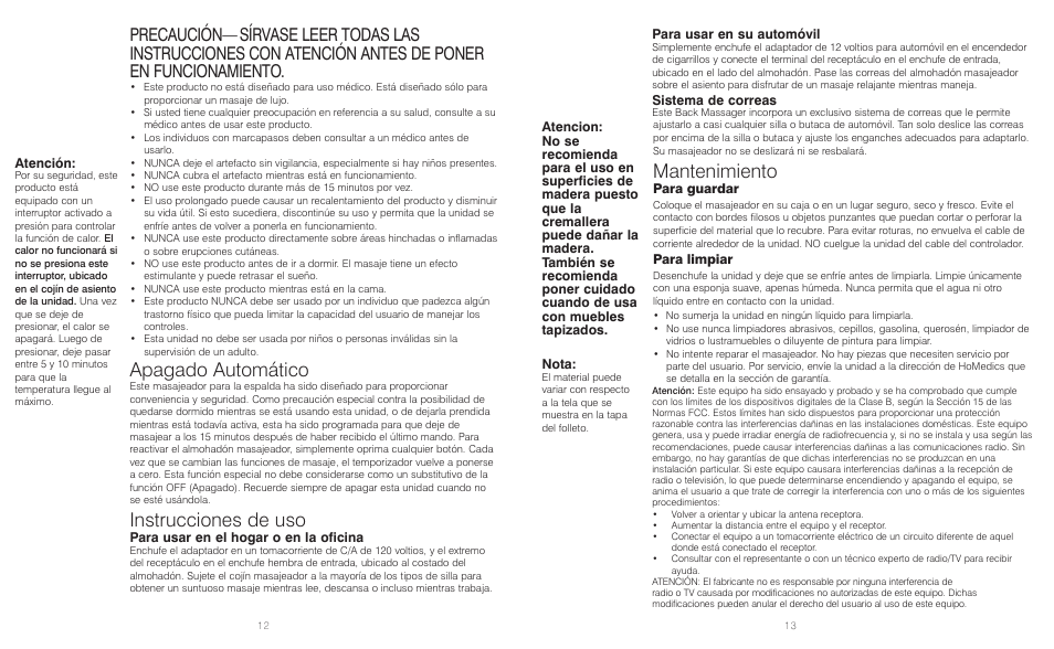 Apagado automático, Instrucciones de uso, Mantenimiento | HoMedics BKP-300-2 User Manual | Page 7 / 8