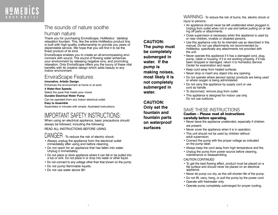 Important safety instructions, Danger, The sounds of nature soothe human nature | Envirascape features, Warning, Save these instructions | HoMedics WFL-ROCK User Manual | Page 2 / 5