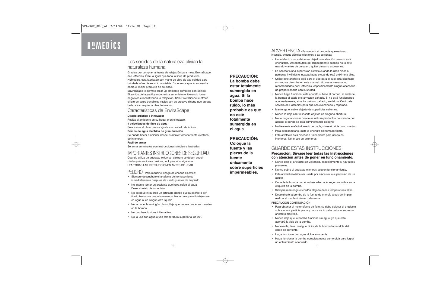 Importantes instrucciones de seguridad, Peligro, Características de envirascape | Advertencia, Guarde estas instrucciones | HoMedics ENVIRASCAPE WFL-ROC User Manual | Page 6 / 8