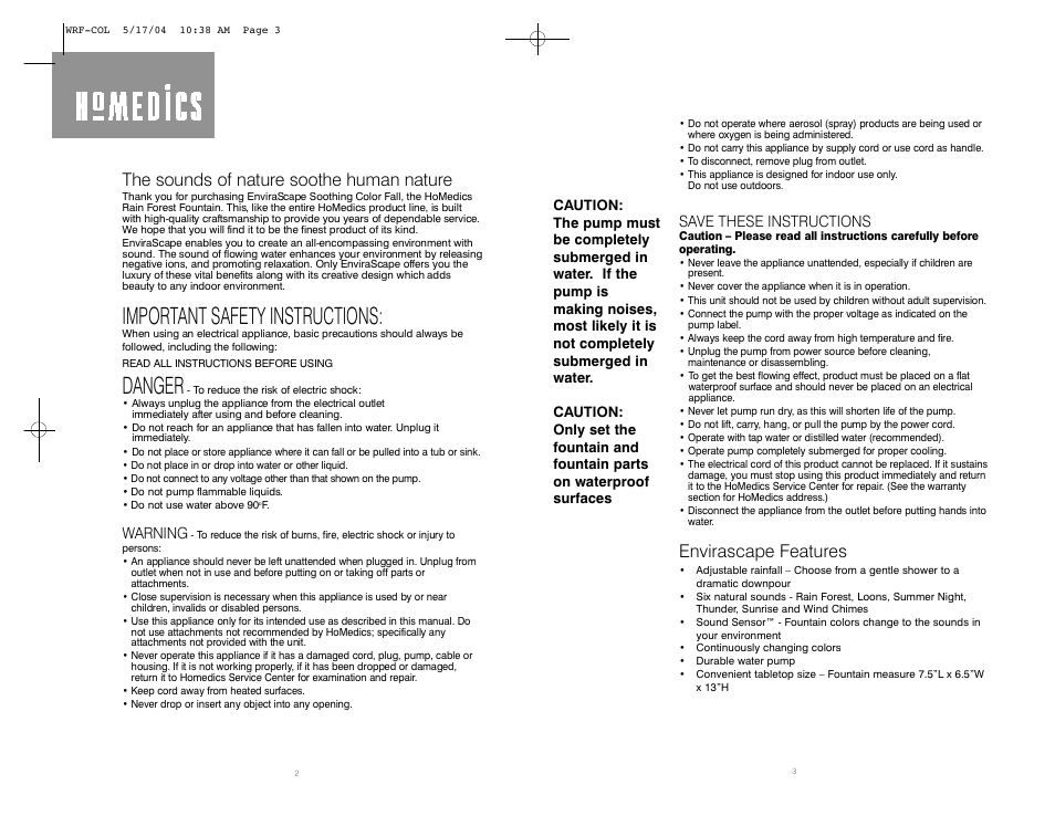 Important safety instructions, The sounds of nature soothe human nature, Envirascape features | Save these instructions | HoMedics WRF-COL User Manual | Page 2 / 4
