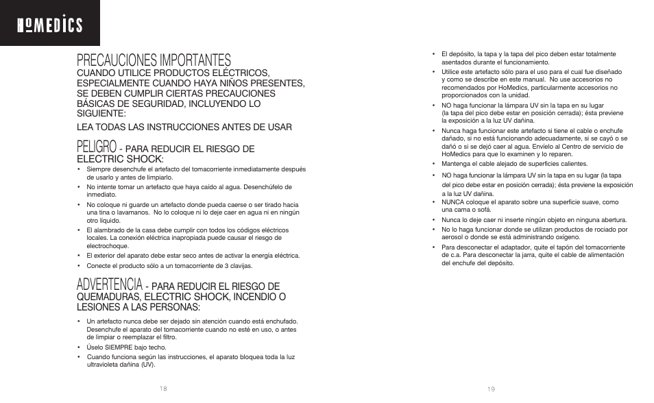 Precauciones importantes, Peligro, Advertencia | Electric shock | HoMedics Restore RWS-1FL User Manual | Page 10 / 16