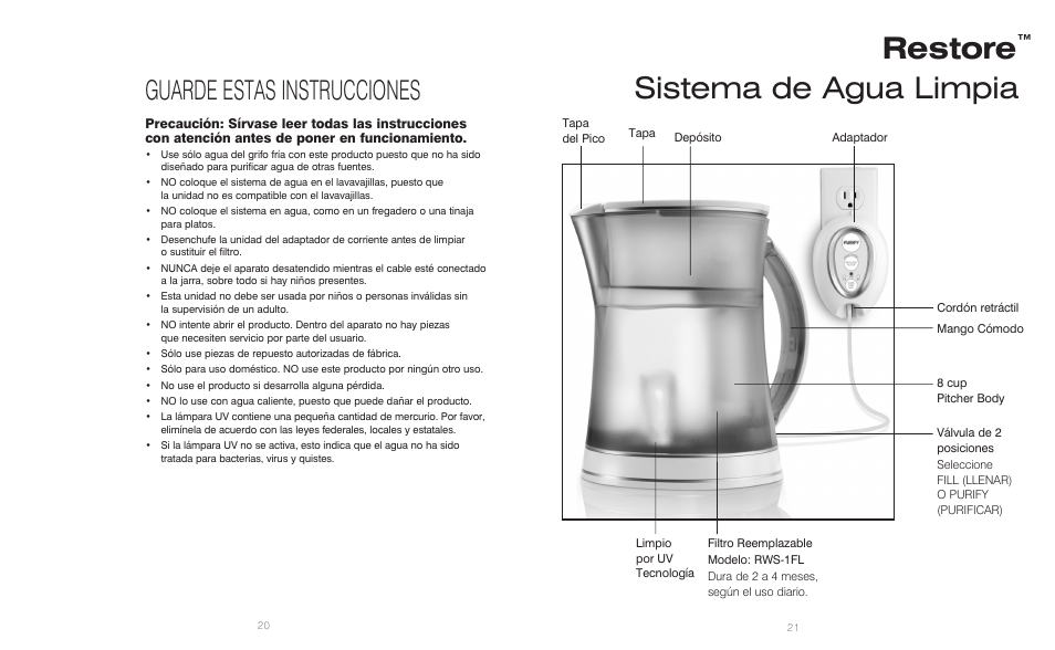 Restore, Sistema de agua limpia, Guarde estas instrucciones | HoMedics Restore RWS-1FL User Manual | Page 11 / 16