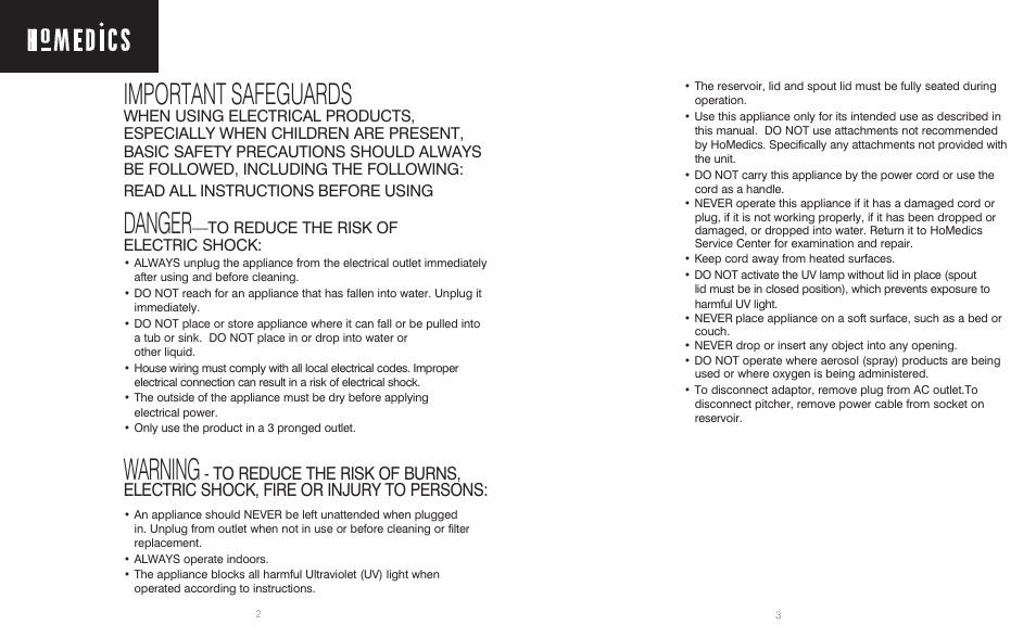 Important safeguards, Danger, Warning | HoMedics Restore RWS-1FL User Manual | Page 2 / 16