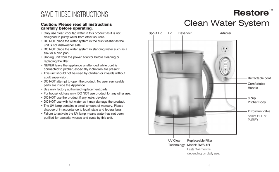 Restore, Clean water system, Save these instructions | HoMedics Restore RWS-1FL User Manual | Page 3 / 16