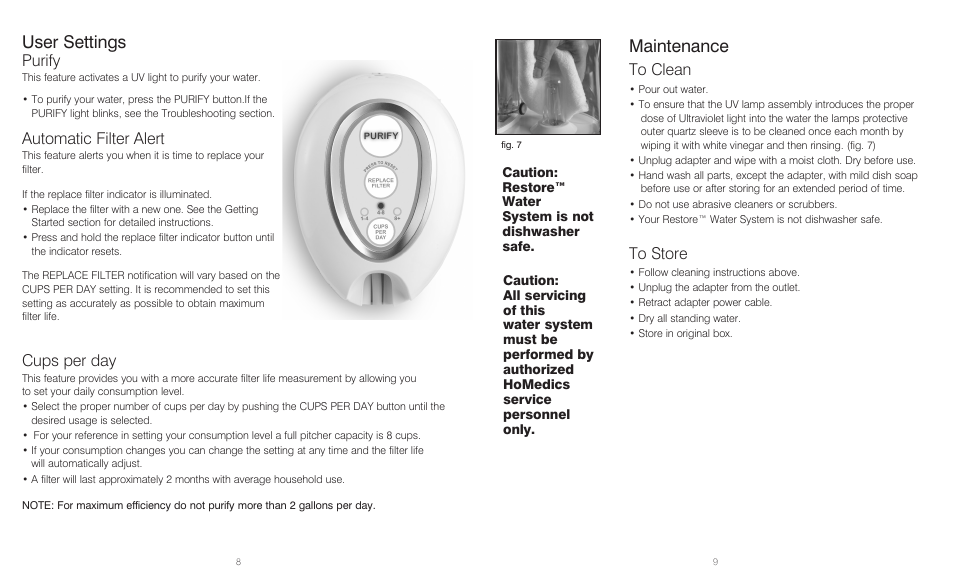 User settings, Maintenance, Purify | Automatic filter alert, Cups per day | HoMedics Restore RWS-1FL User Manual | Page 5 / 16